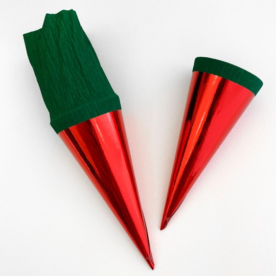 2 Metallic Paper & Crepe Cones from Germany ~ 4-3/4" ~ Red Foil + Green Crepe